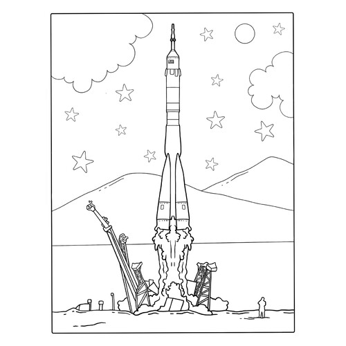 Раскраска Советская ракета-носитель Союз взлетает
