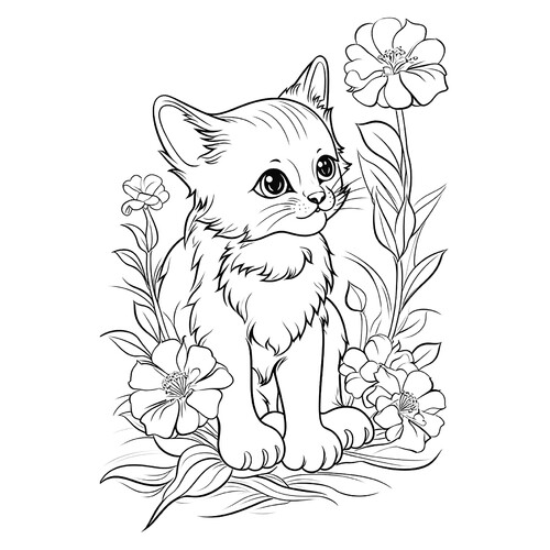 Раскраска Красивая кошка и цветы