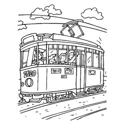 Раскраска Мультяшный трамвай с пассажирами