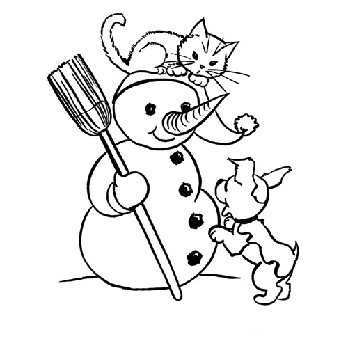 Раскраска Кот на голове у Снеговика
