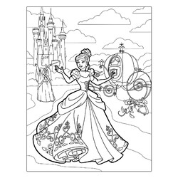 Раскраска Золушка с феей перед дворцом и каретой
