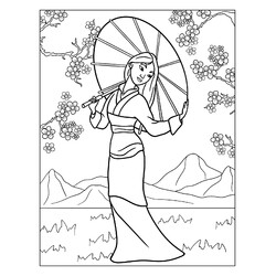 Раскраска Мулан с зонтиком