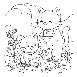 Раскраска Мама кошка с котёнком