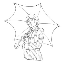Уэнсдей в полосатой куртке с зонтиком