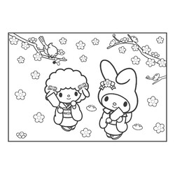 Раскраска Май Мелоди и Пиано Чан во время цветения сакуры