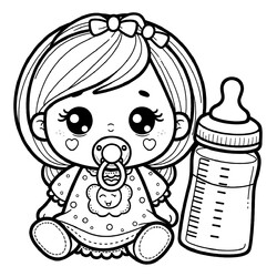 Раскраска Кукла с соской и бутылочкой