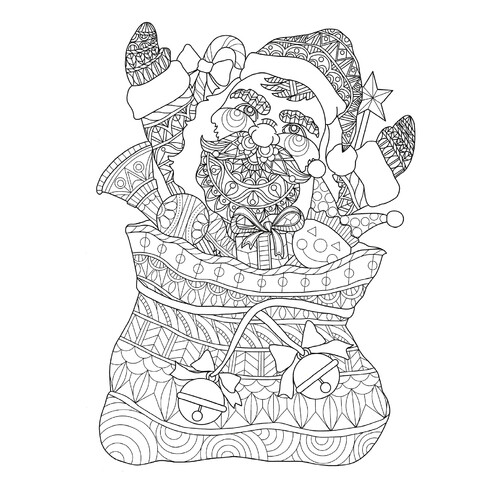 Раскраска Дед Мороз с игрушками в мешке