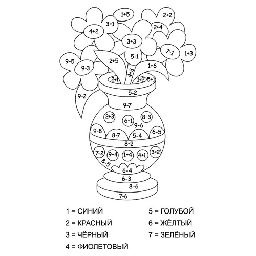 Раскраска Ваза с цветами (сложение и вычитание до 10)