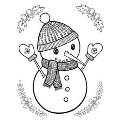 Раскраска Снеговик в шапке с сердечками