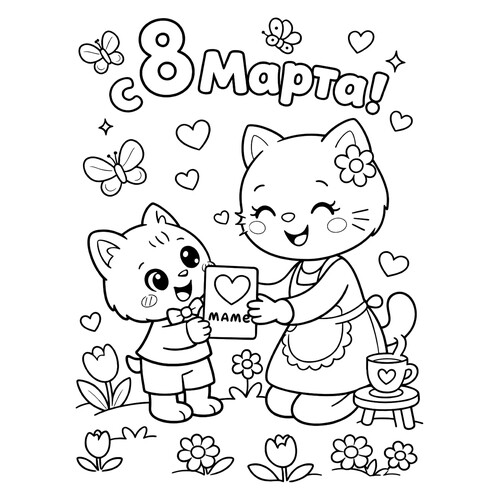 Раскраска Котёнок дарит открытку маме на 8 марта