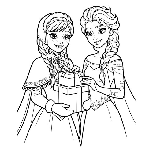 Раскраска Анна и Эльза с подарками