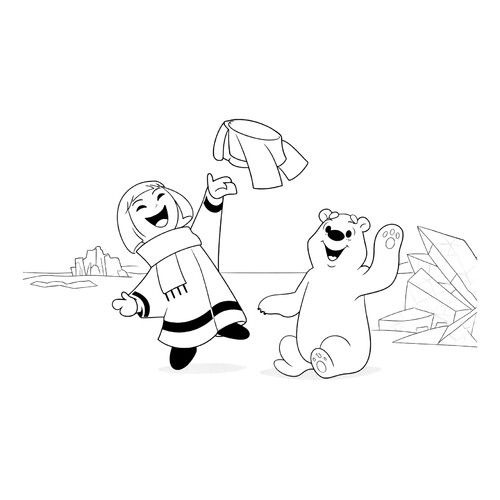 Раскраска Умка с мальчиком веселятся