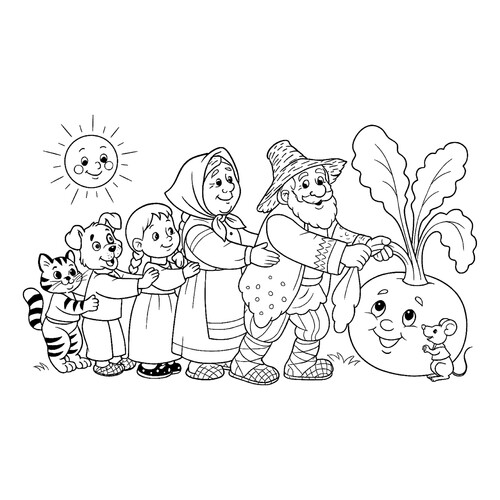 Раскраска Дедка, бабка, внучка, жучка и кошка тянут репку