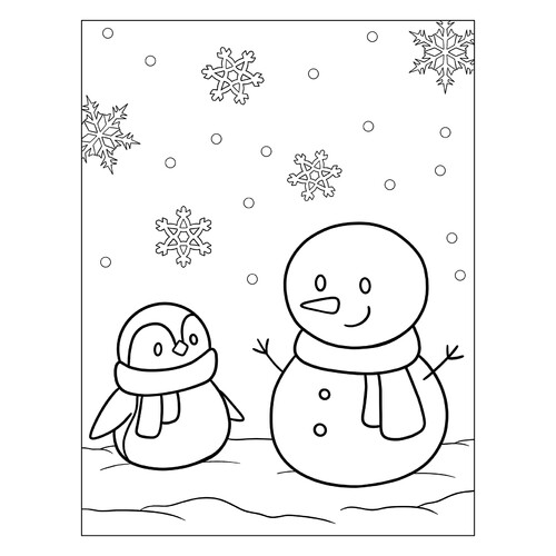 Раскраска Снеговик и пингвин в шарфиках