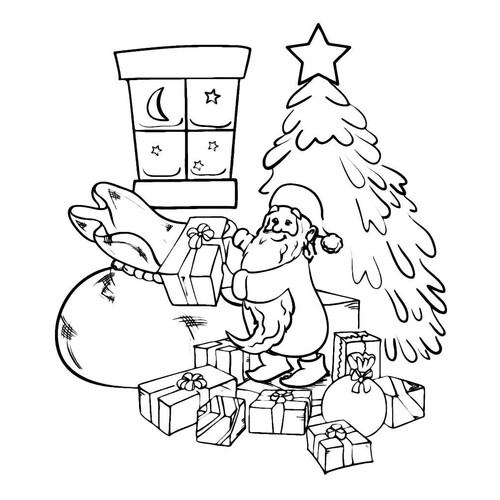 Дед Мороз раскладывает подарки под ёлкой