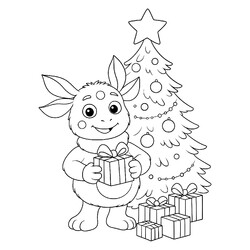 Раскраска Лунтик возле ёлки с подарками