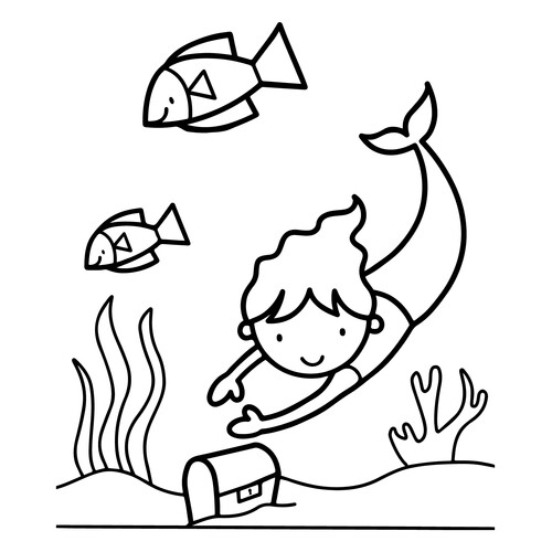 Раскраска Мальчик русалка и сундук сокровищ