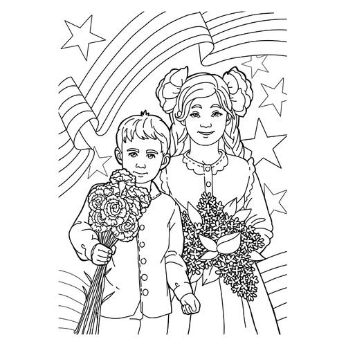 Раскраска Дети с цветами на 9 мая