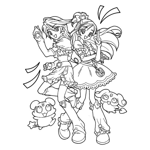 Раскраска Аниме подружки с питомцами