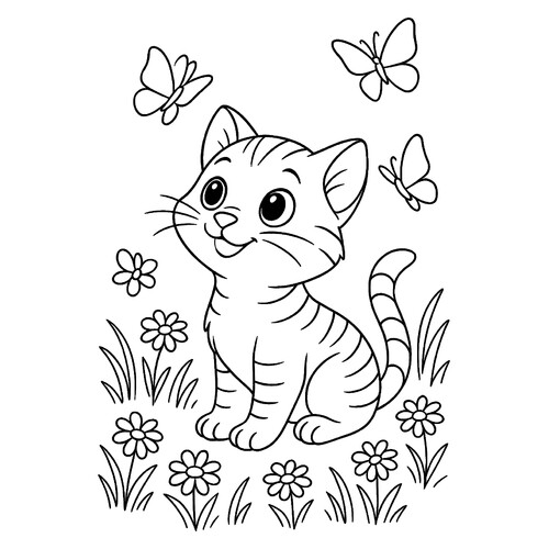 Раскраска Котик и бабочки в поле