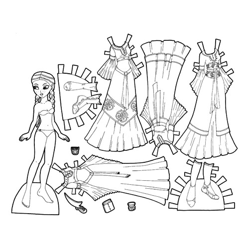 Черно-белая бумажная кукла с древними платьями