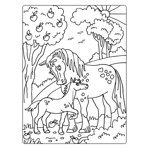 Раскраска Лошадь и жеребенок на природе