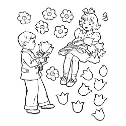 Раскраска Мальчик дарит девочке цветы