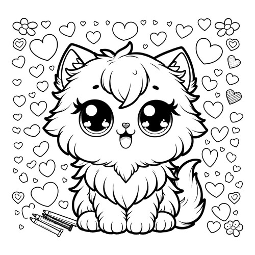 Раскраска Аниме котик с сердечками