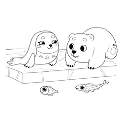 Раскраска Умка и Кора ловят рыбу