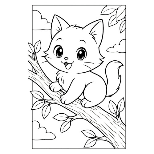 Раскраска Кошка залезла на ветку