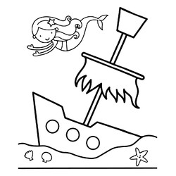 Раскраска Русалка и затонувший корабль