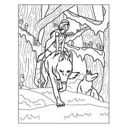 Раскраска Принцесса Мононоке верхом на волке в Кедровом лесу