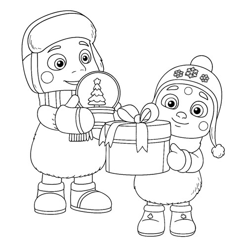 Раскраска Лунтик и Луна с подарками