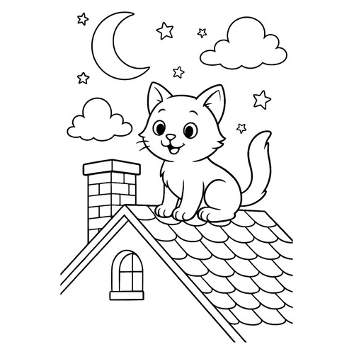 Раскраска Кот забрался на крышу ночью