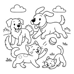 Кот и собаки играют