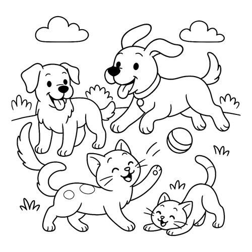 Раскраска Кот и собаки играют