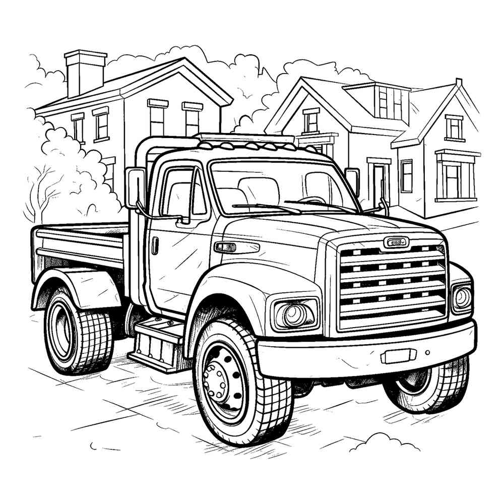 Раскраска Грузовик возле домов | распечатать раскраски для детей