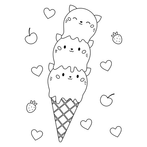 Раскраска Вафельный конус мороженого с тремя котятами