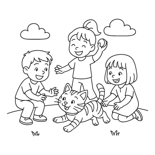 Раскраска Кот играет с детьми