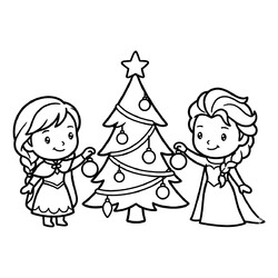 Раскраска Чиби Анна и Эльза украшают ёлку
