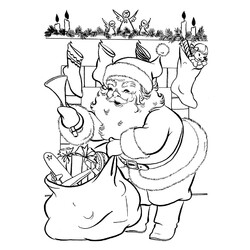 Раскраска Санта Клаус раскладывает подарки