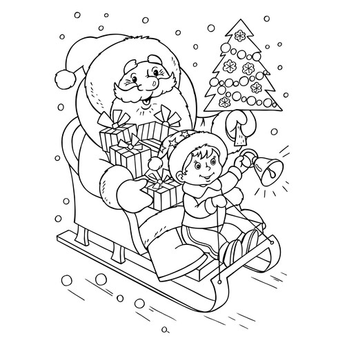 Раскраска Дед Мороз на санях с мальчиком