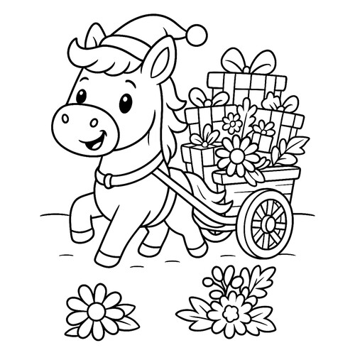 Раскраска Лошадка везёт подарки