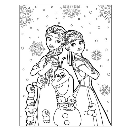 Раскраска Малыши снеговички, Олаф и Анна с Эльзой