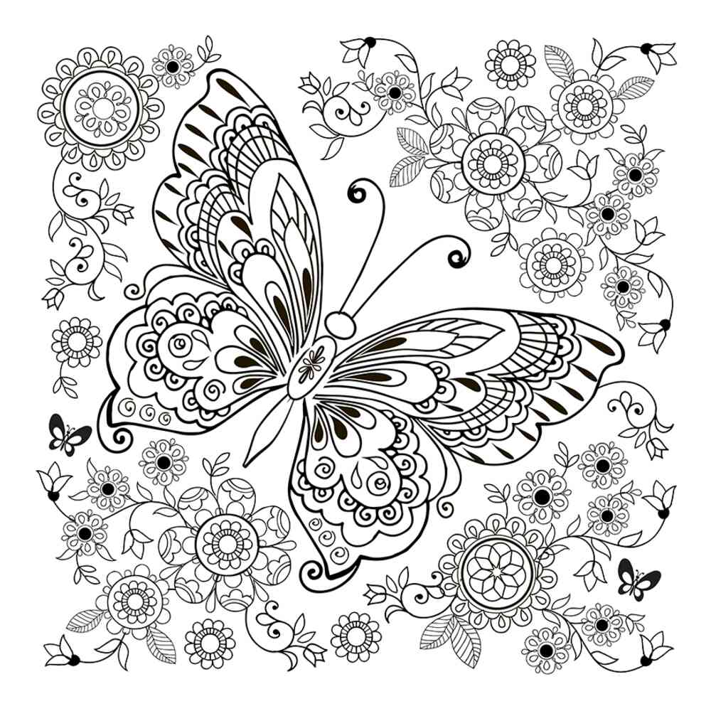 Раскраска антистресс цветы и бабочки