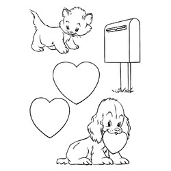 Раскраска Котик и собачка с сердечками
