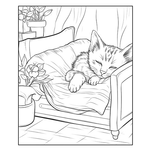 Раскраска Котик в кроватке