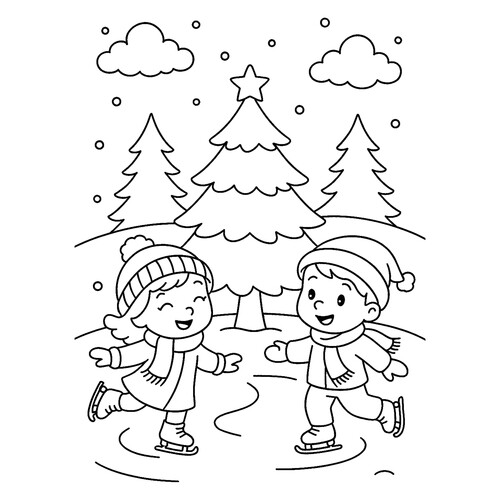 Раскраска Дети на коньках возле ёлки
