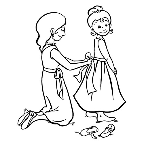 Раскраска Мама одевает платье дочке