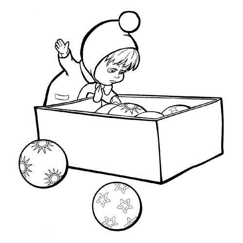 Раскраска Маша с коробкой ёлочных игрушек